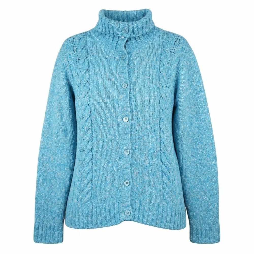 LL Bean Cardigan Womens L Teal Wool Blend Sweater Cable Knit Fisherman Coastal